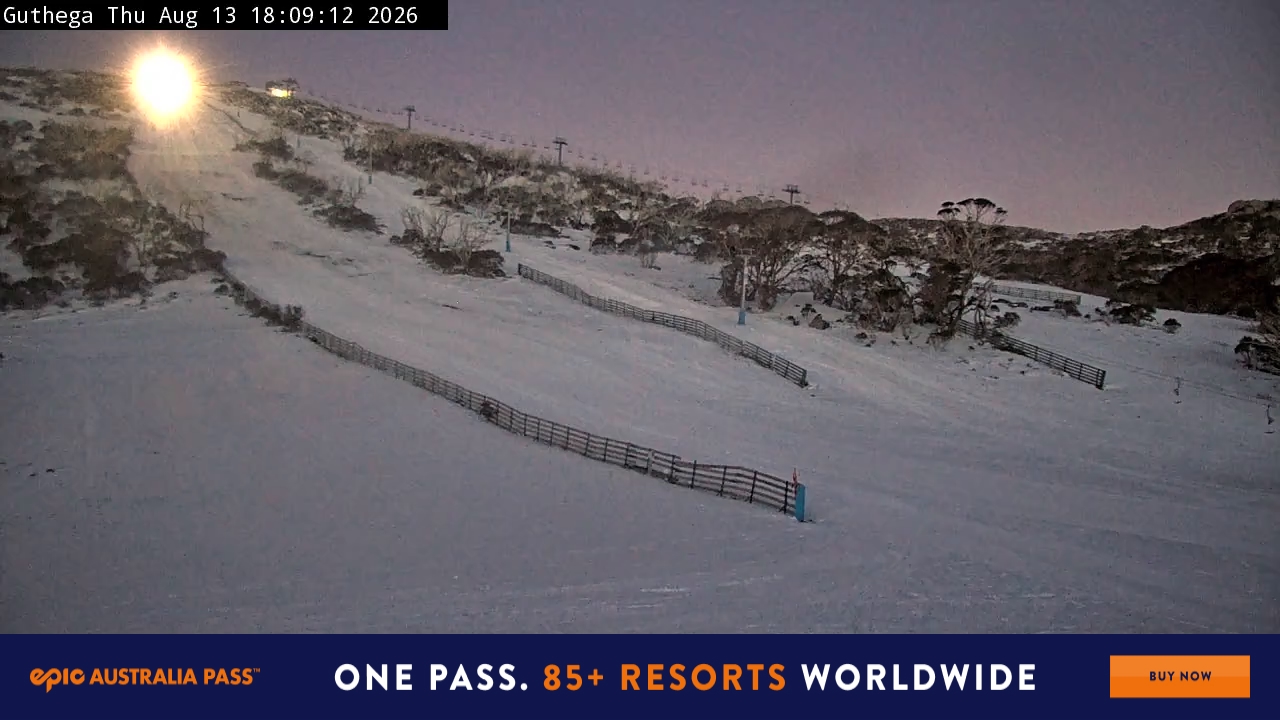 Perisher Guthega snow cam captured at 13 August 2026 at 6:13 pm AEST