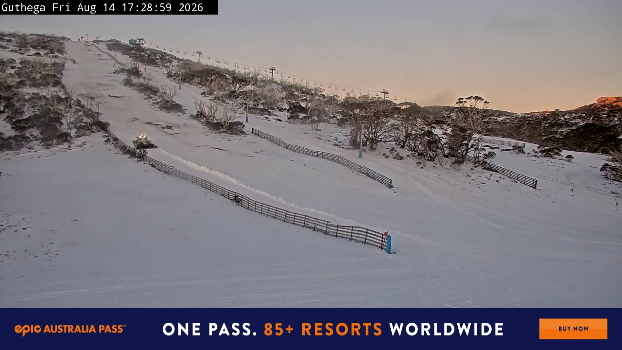 Perisher Guthega snow cam captured at 14 August 2026 at 5:30 pm AEST