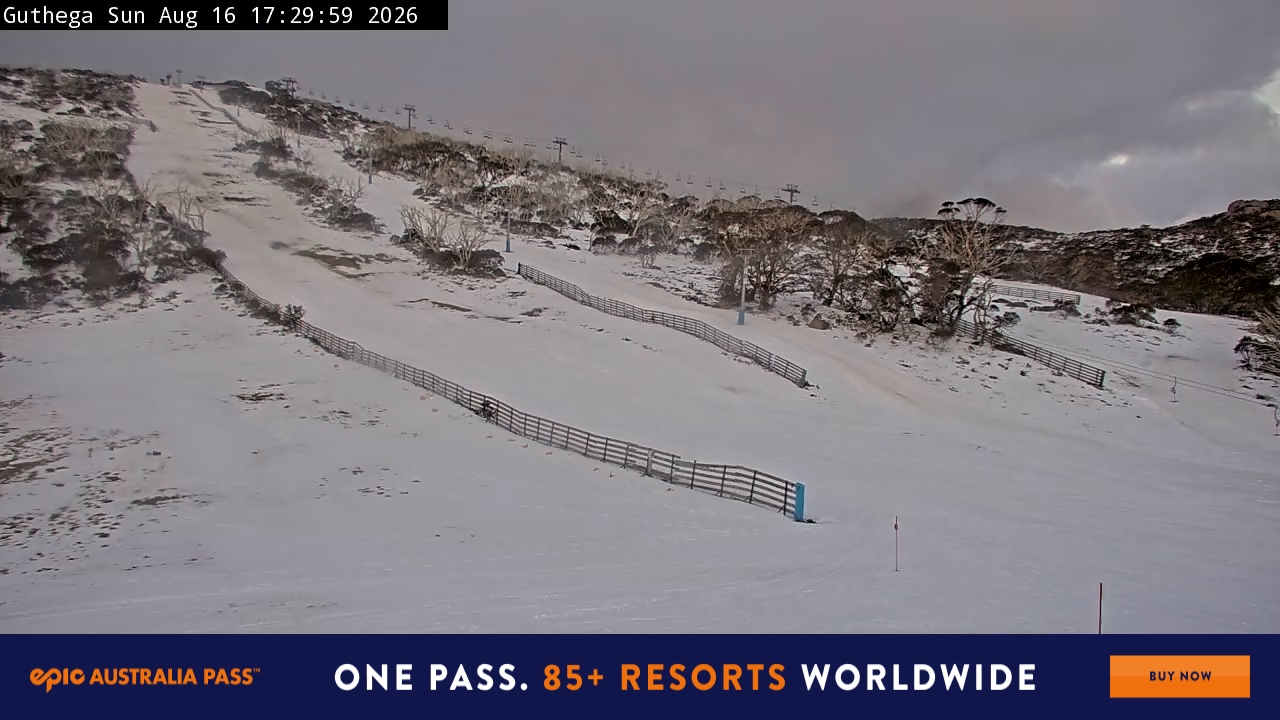 Perisher Guthega snow cam captured at 16 August 2026 at 5:32 pm AEST
