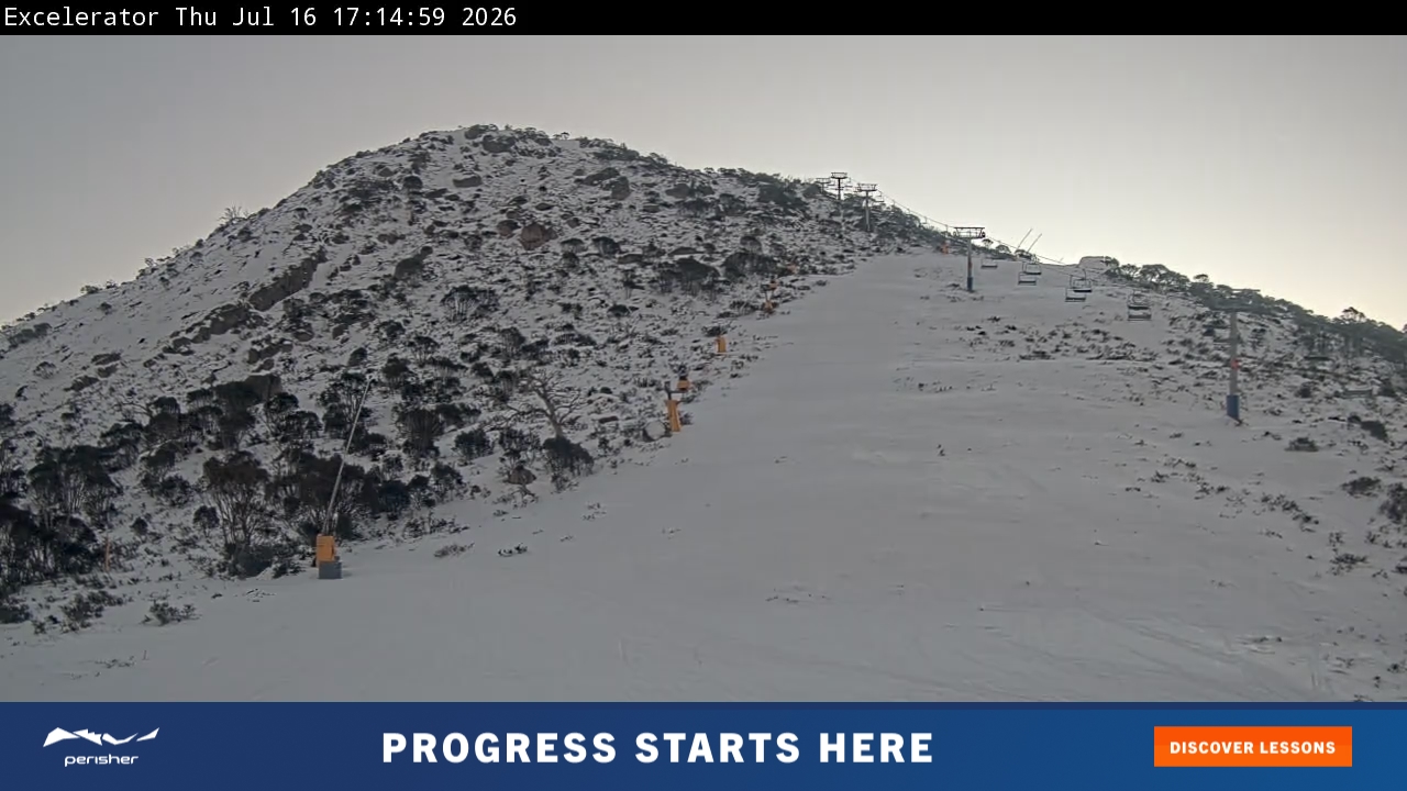 Perisher Excelerator snow cam captured at 16 July 2026 at 5:19 pm AEST