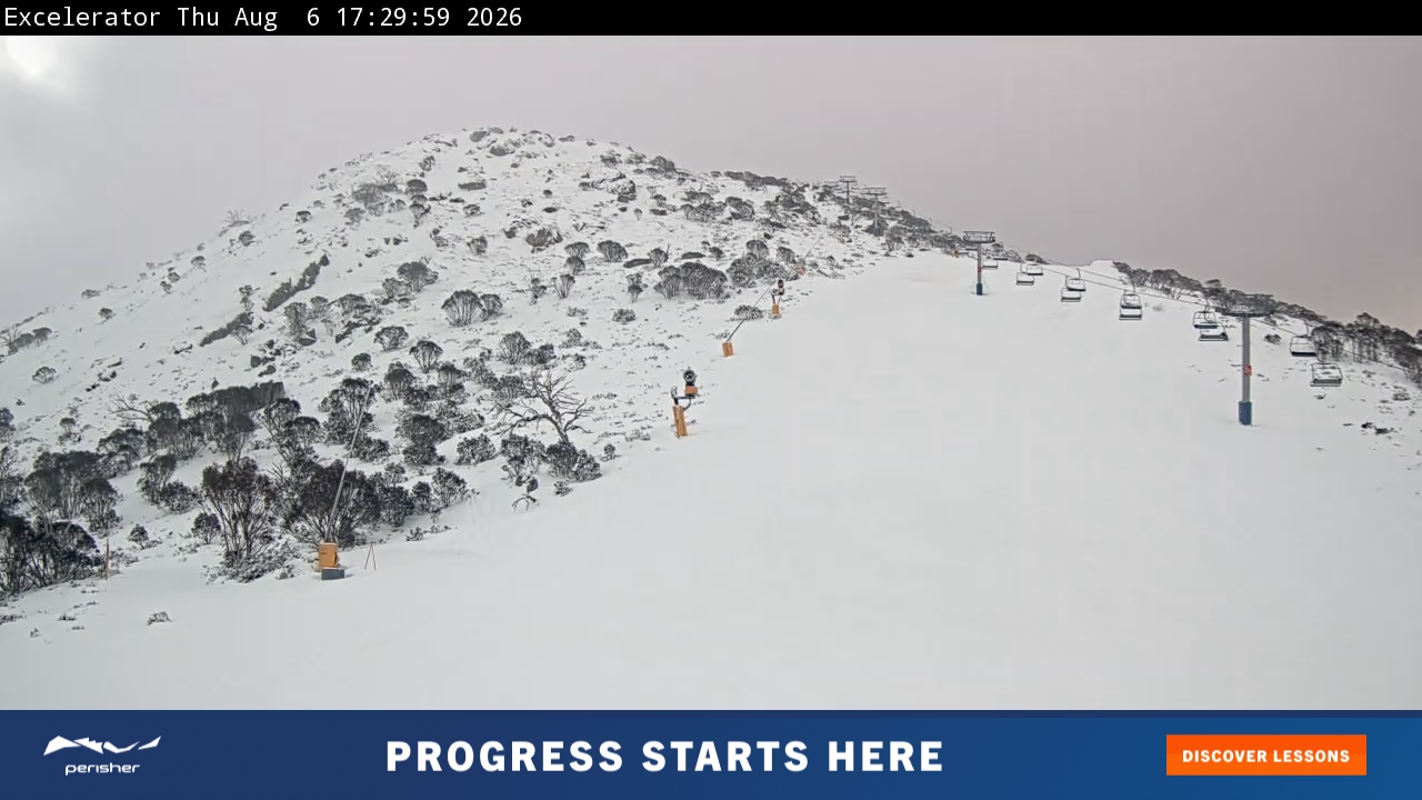 Perisher Excelerator snow cam captured at 6 August 2026 at 5:34 pm AEST