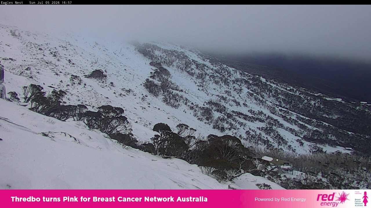 Thredbo Central Spur snow cam captured at 5 July 2026 at 4:57 pm AEST