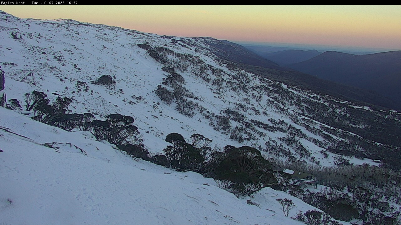 Thredbo Central Spur snow cam captured at 7 July 2026 at 4:59 pm AEST
