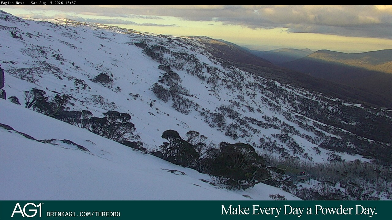 Thredbo Central Spur snow cam captured at 15 August 2026 at 5:09 pm AEST