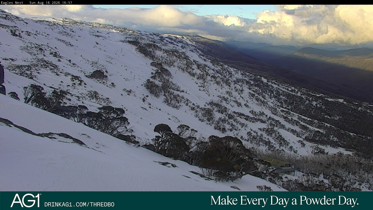 Thredbo Central Spur snow cam captured at 16 August 2026 at 4:59 pm AEST