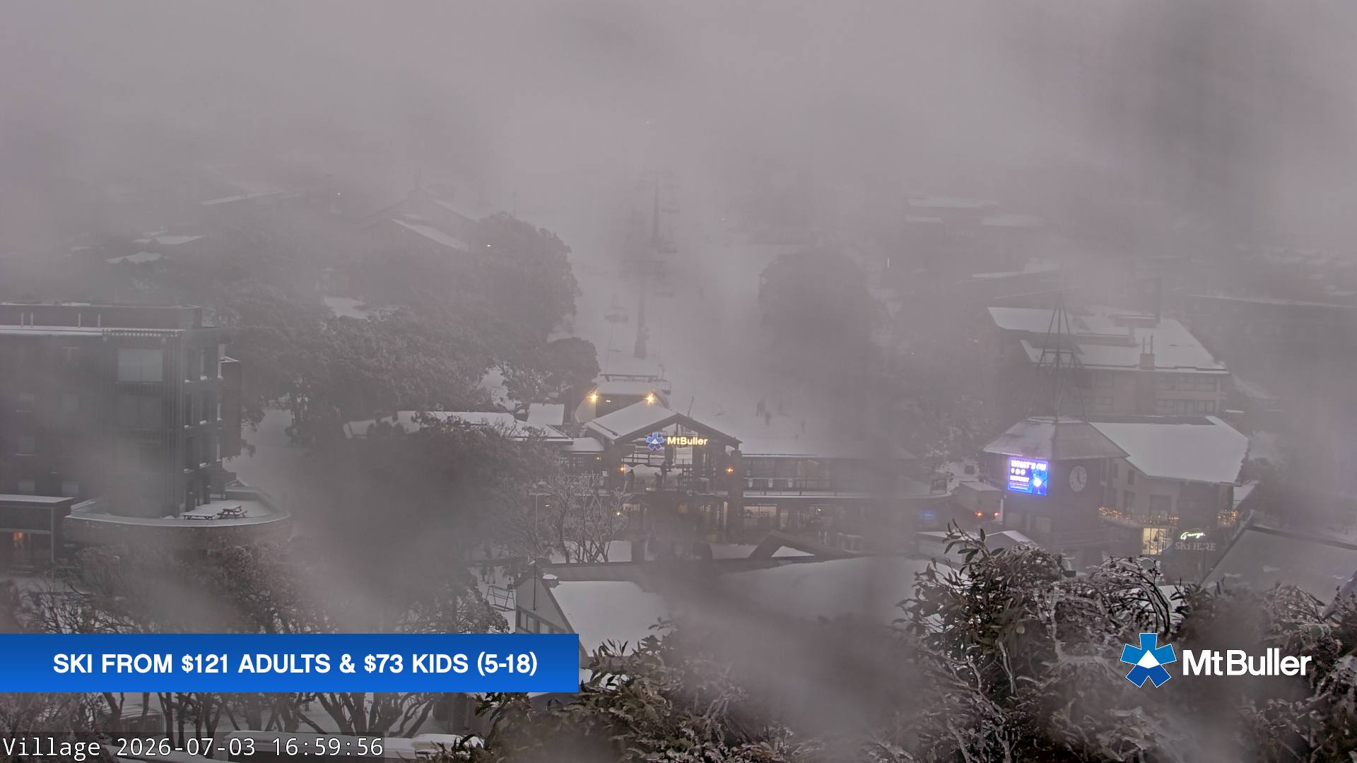 Mt Buller Village snow cam captured at 3 July 2026 at 5:07 pm AEST