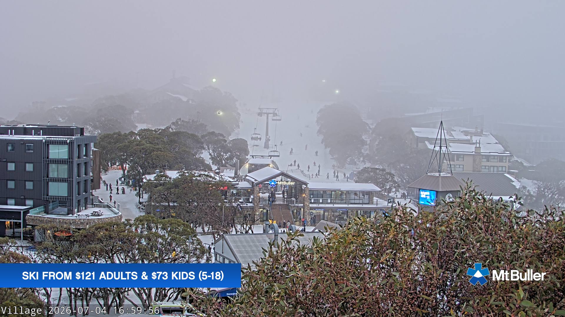 Mt Buller Village snow cam captured at 4 July 2026 at 5:07 pm AEST
