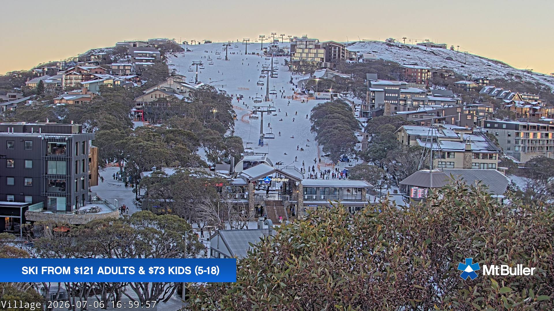 Mt Buller Village snow cam captured at 6 July 2026 at 5:09 pm AEST