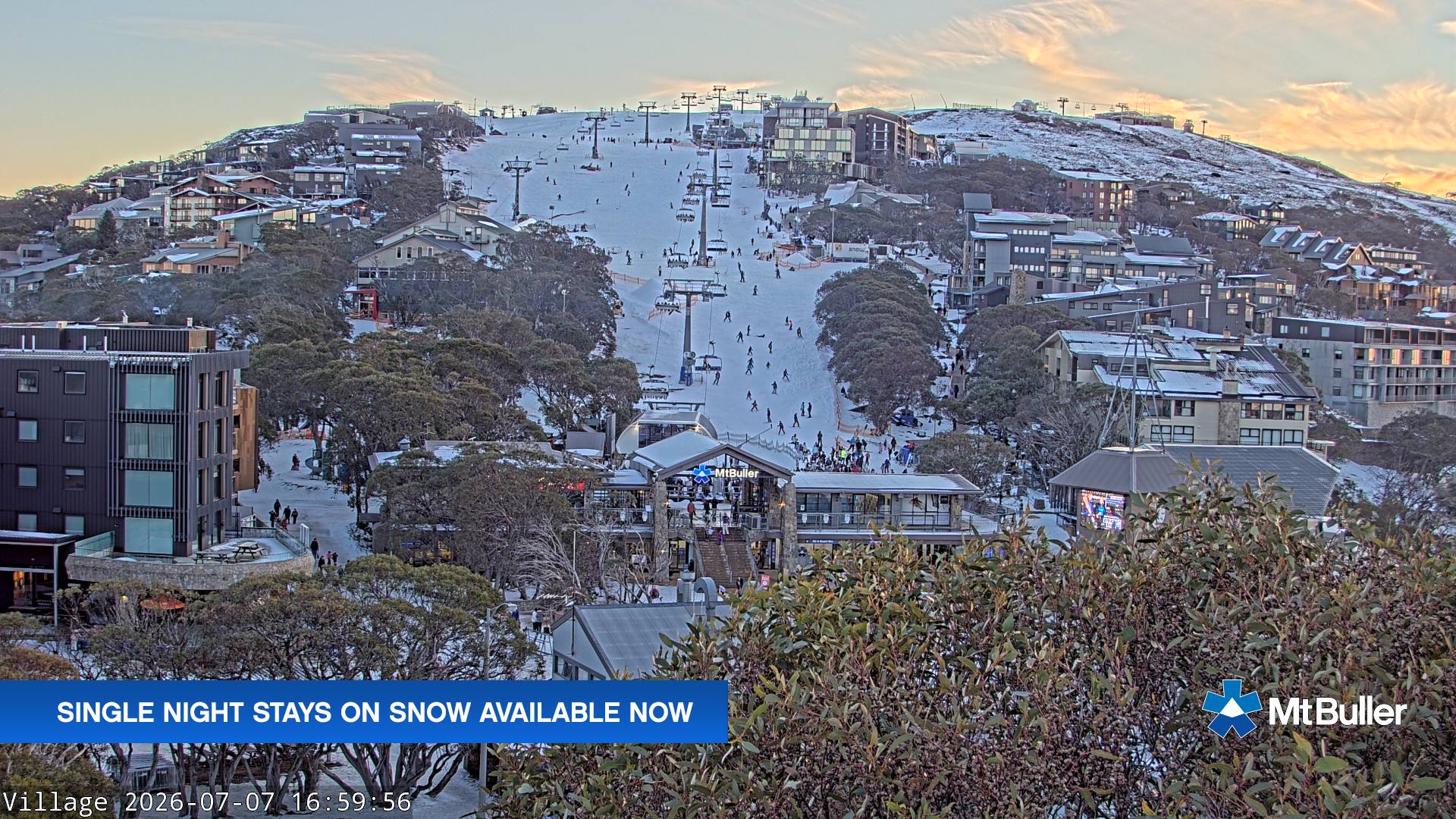 Mt Buller Village snow cam captured at 7 July 2026 at 5:10 pm AEST