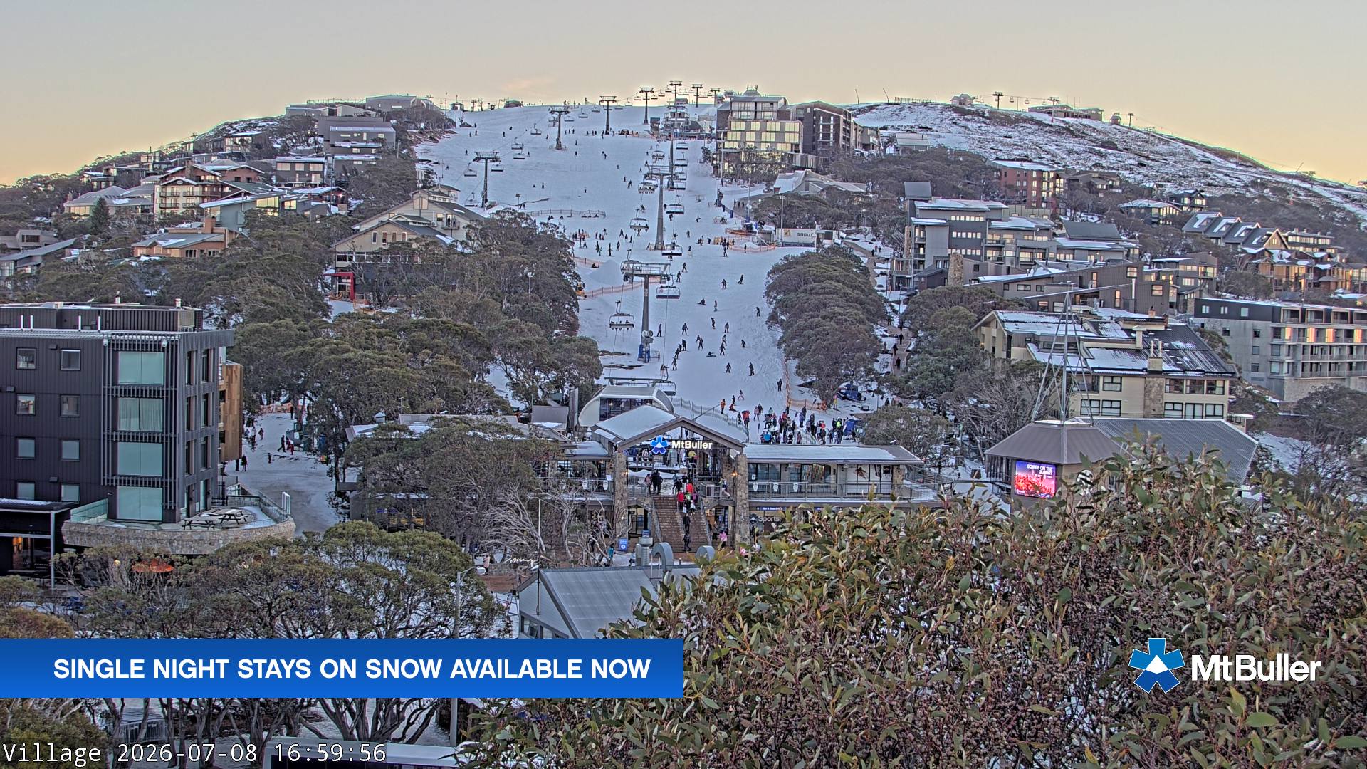 Mt Buller Village snow cam captured at 8 July 2026 at 5:00 pm AEST