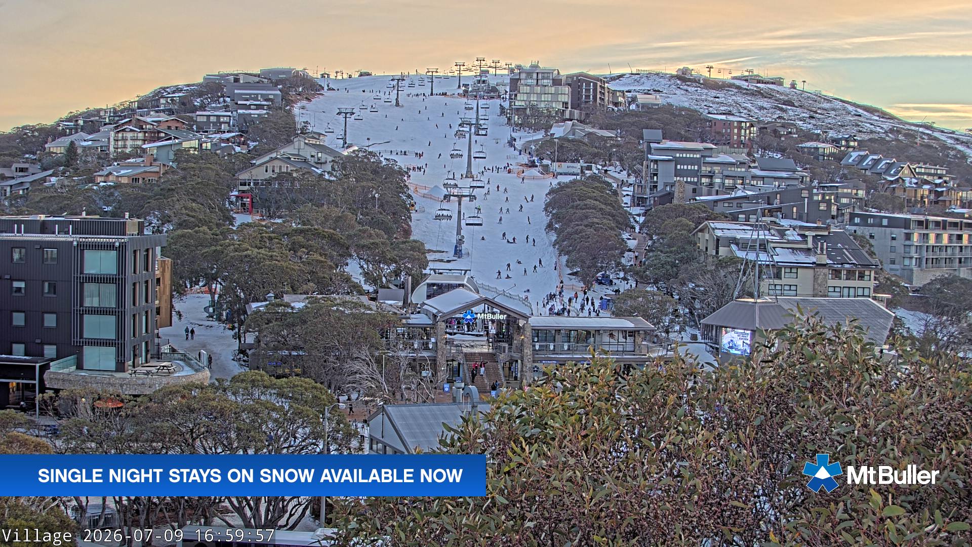 Mt Buller Village snow cam captured at 9 July 2026 at 5:01 pm AEST