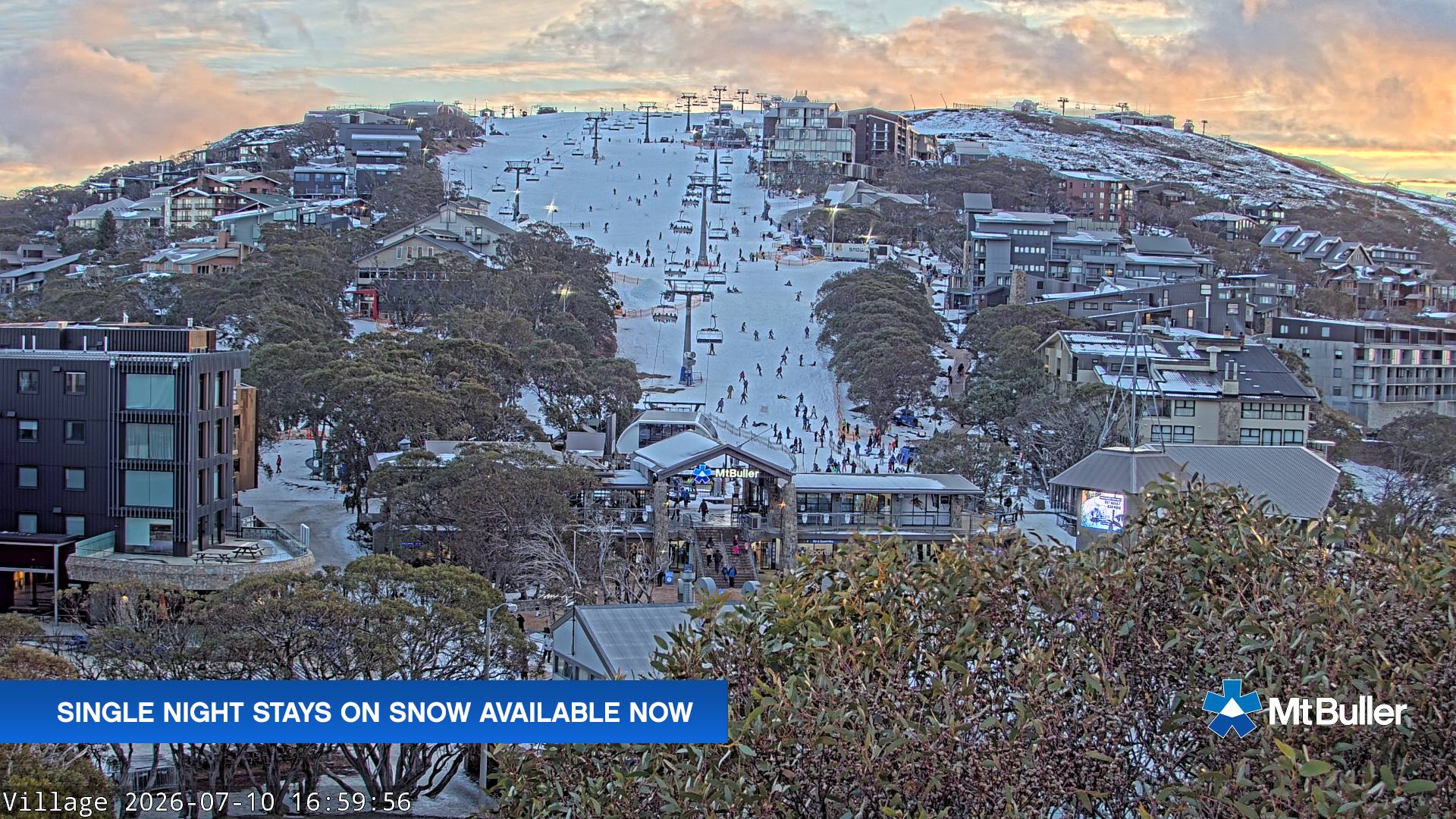 Mt Buller Village snow cam captured at 10 July 2026 at 5:02 pm AEST