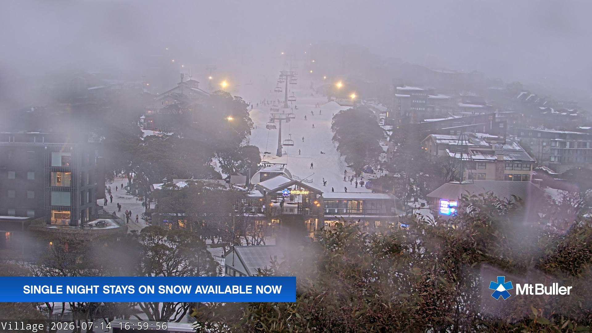 Mt Buller Village snow cam captured at 14 July 2026 at 5:06 pm AEST