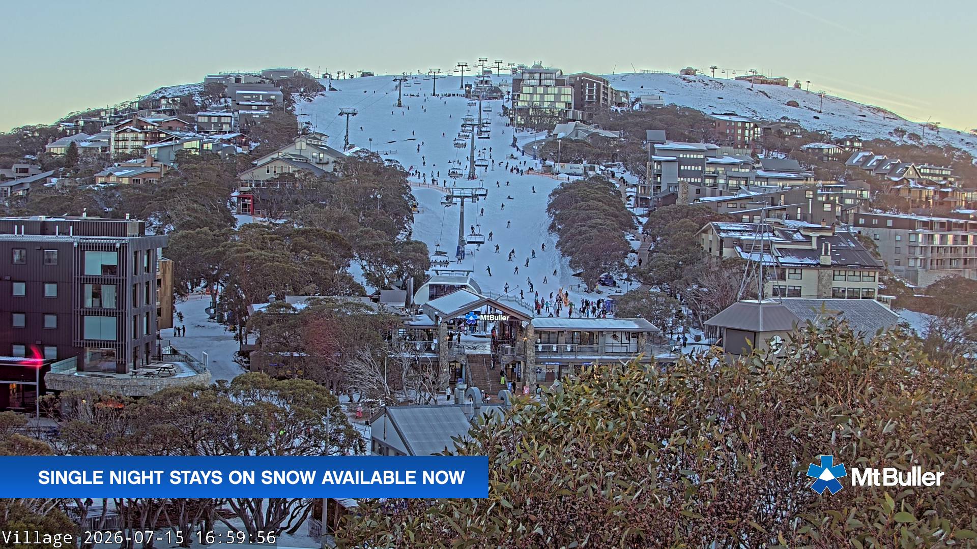 Mt Buller Village snow cam captured at 15 July 2026 at 5:07 pm AEST