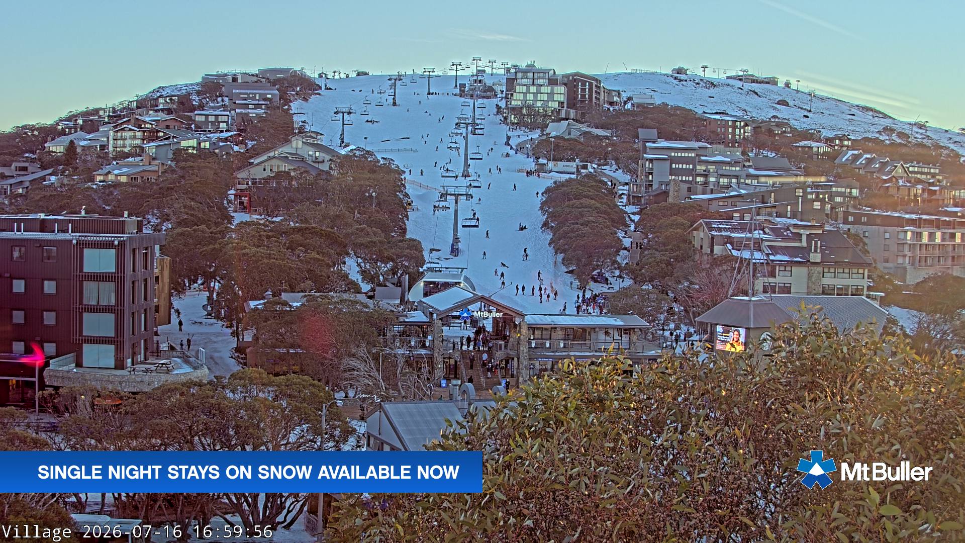 Mt Buller Village snow cam captured at 16 July 2026 at 5:08 pm AEST