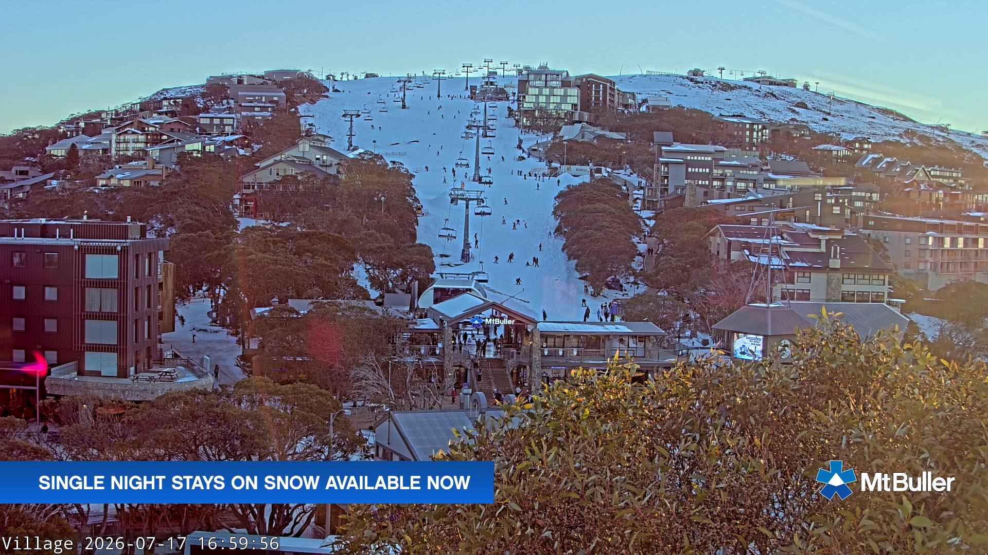 Mt Buller Village snow cam captured at 17 July 2026 at 5:09 pm AEST