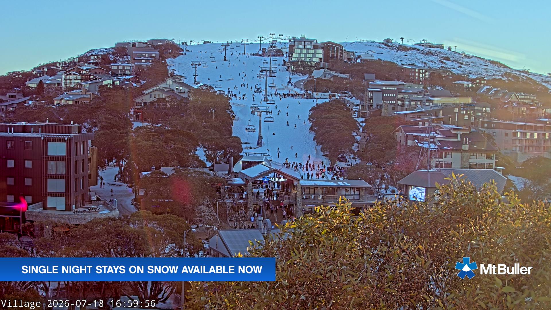 Mt Buller Village snow cam captured at 18 July 2026 at 5:10 pm AEST