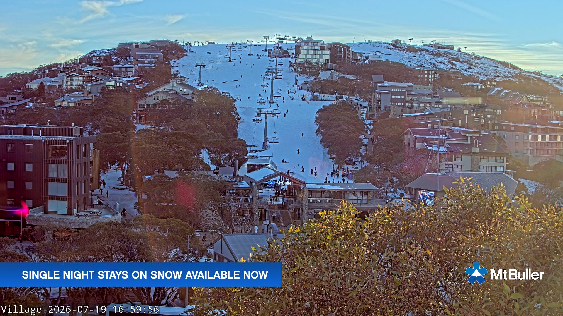 Mt Buller Village snow cam captured at 19 July 2026 at 5:00 pm AEST