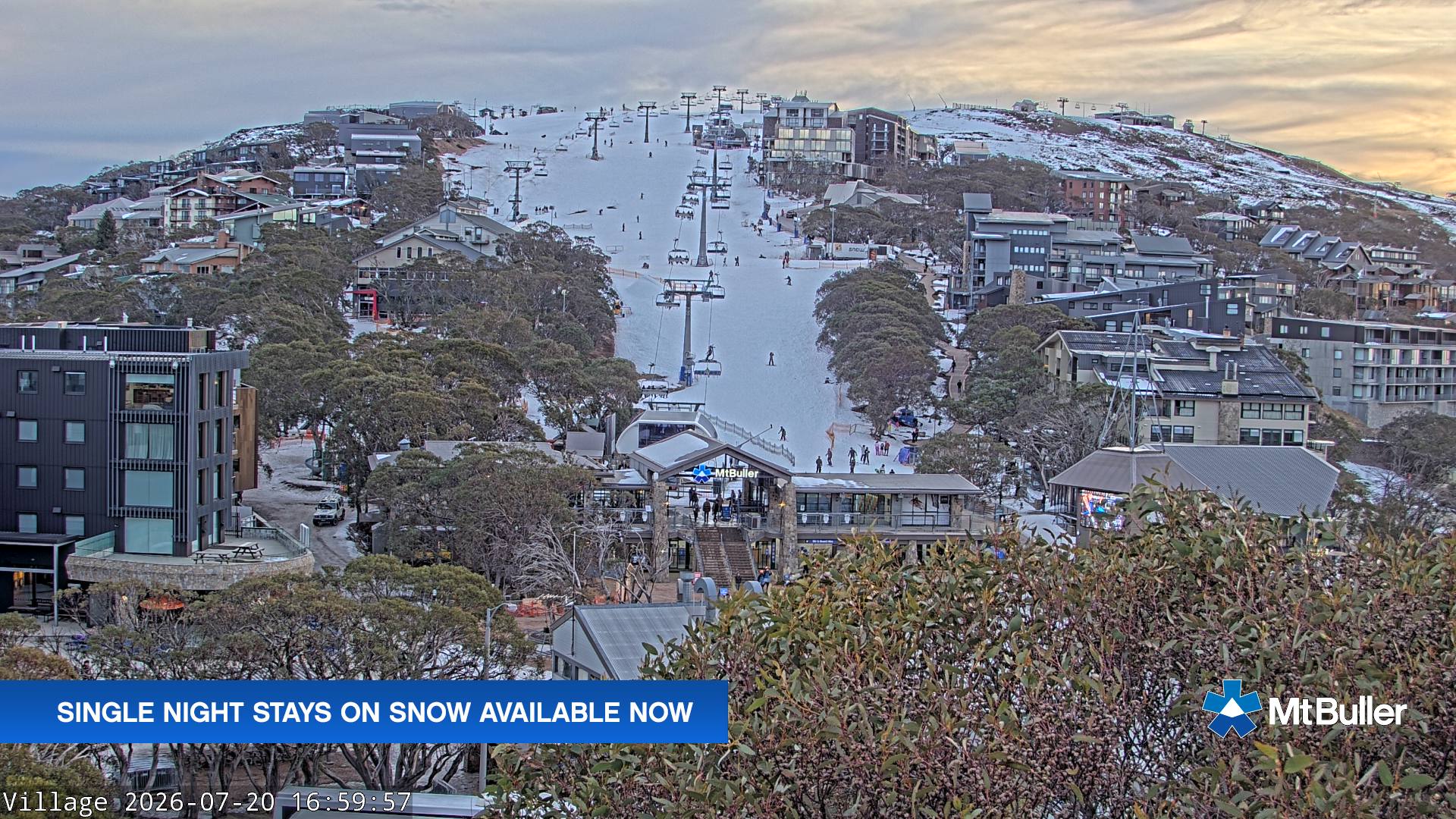 Mt Buller Village snow cam captured at 20 July 2026 at 5:01 pm AEST