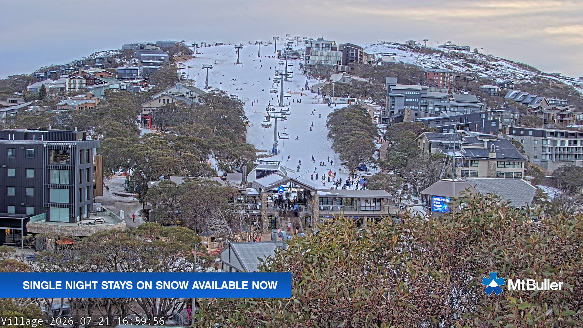 Mt Buller Village snow cam captured at 21 July 2026 at 5:02 pm AEST