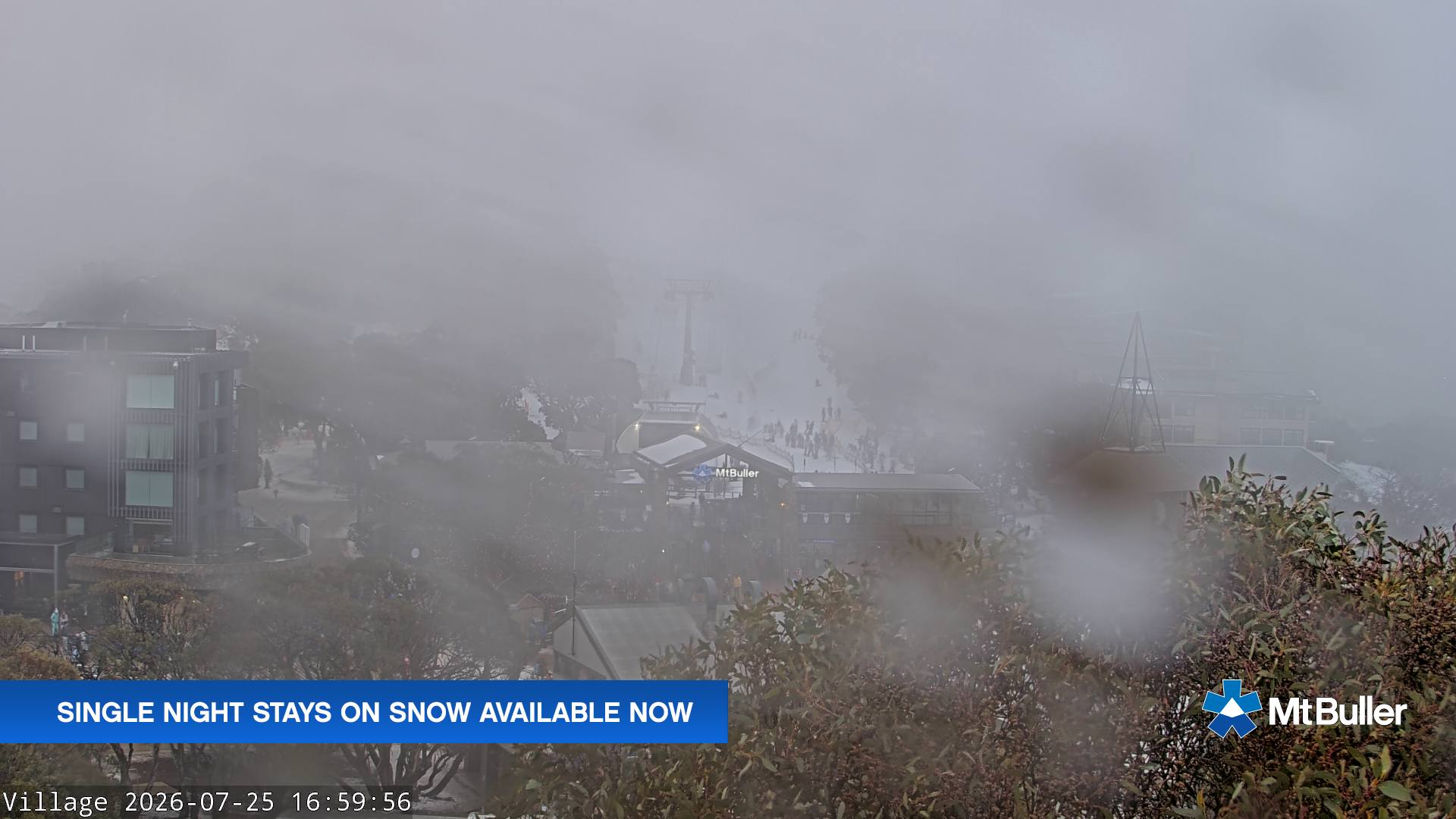Mt Buller Village snow cam captured at 25 July 2026 at 5:07 pm AEST