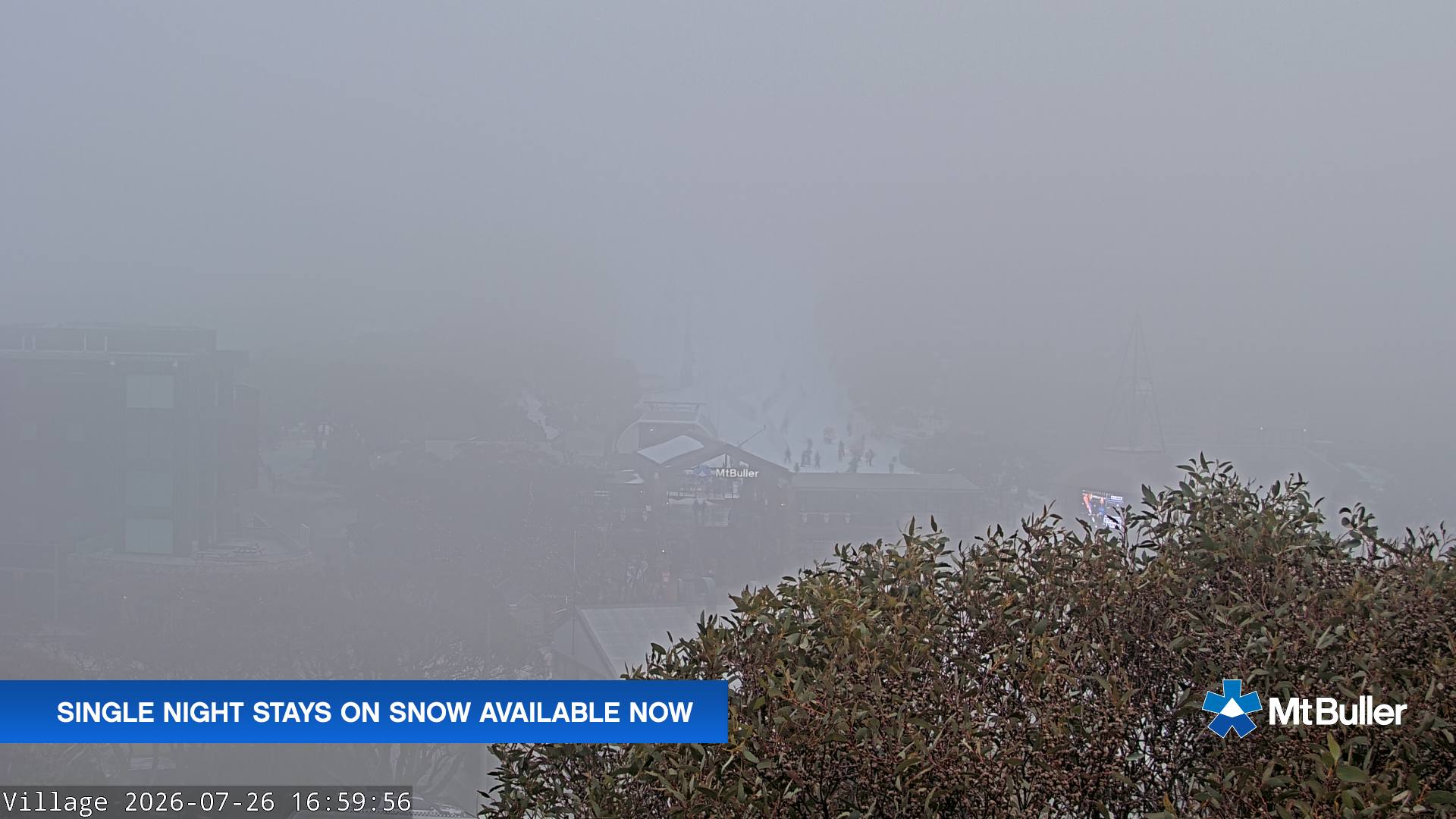 Mt Buller Village snow cam captured at 26 July 2026 at 5:08 pm AEST