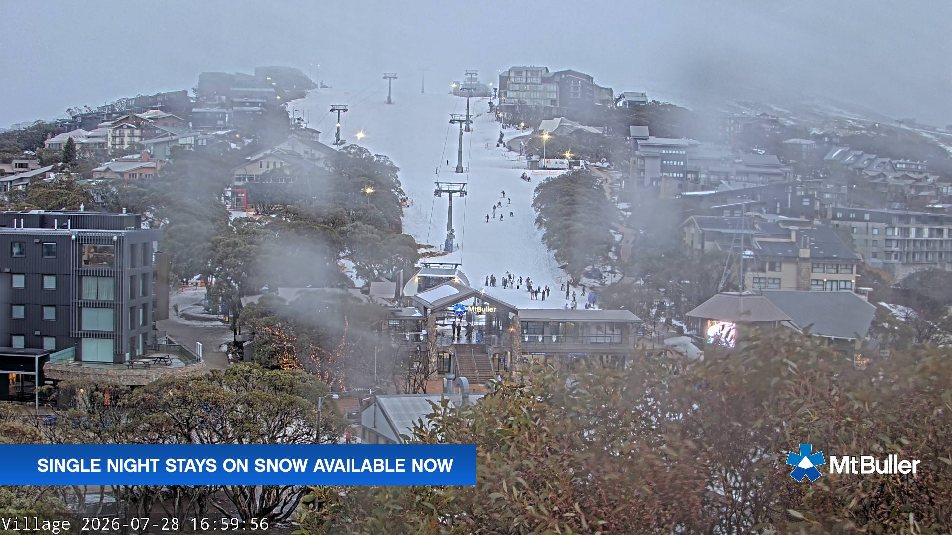 Mt Buller Village snow cam captured at 28 July 2026 at 5:10 pm AEST