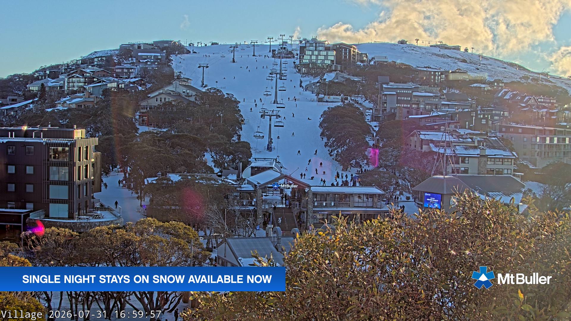 Mt Buller Village snow cam captured at 31 July 2026 at 5:01 pm AEST