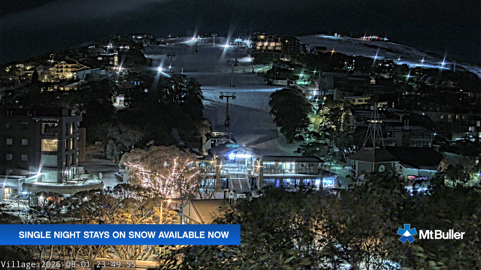 Mt Buller Village snow cam captured at 1 August 2026 at 11:53 pm AEST