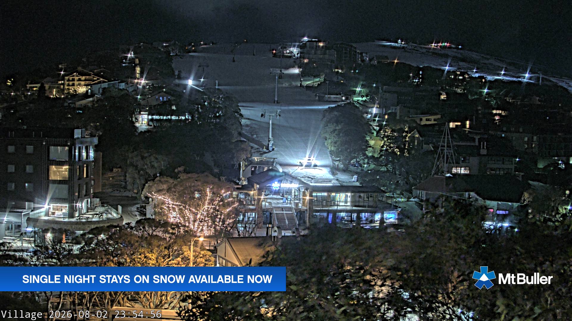 Mt Buller Village snow cam captured at 2 August 2026 at 11:58 pm AEST