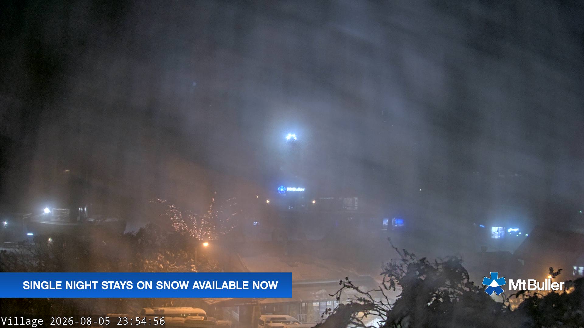 Mt Buller Village snow cam captured at 5 August 2026 at 11:59 pm AEST
