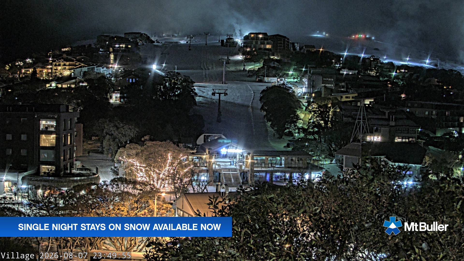 Mt Buller Village snow cam captured at 7 August 2026 at 11:50 pm AEST