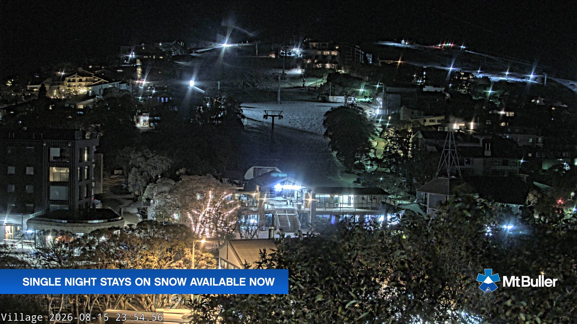 Mt Buller Village snow cam captured at 15 August 2026 at 11:58 pm AEST