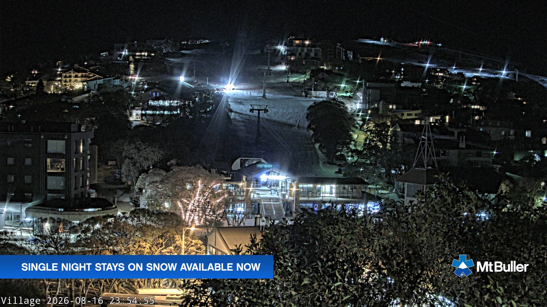 Mt Buller Village snow cam captured at 16 August 2026 at 11:59 pm AEST