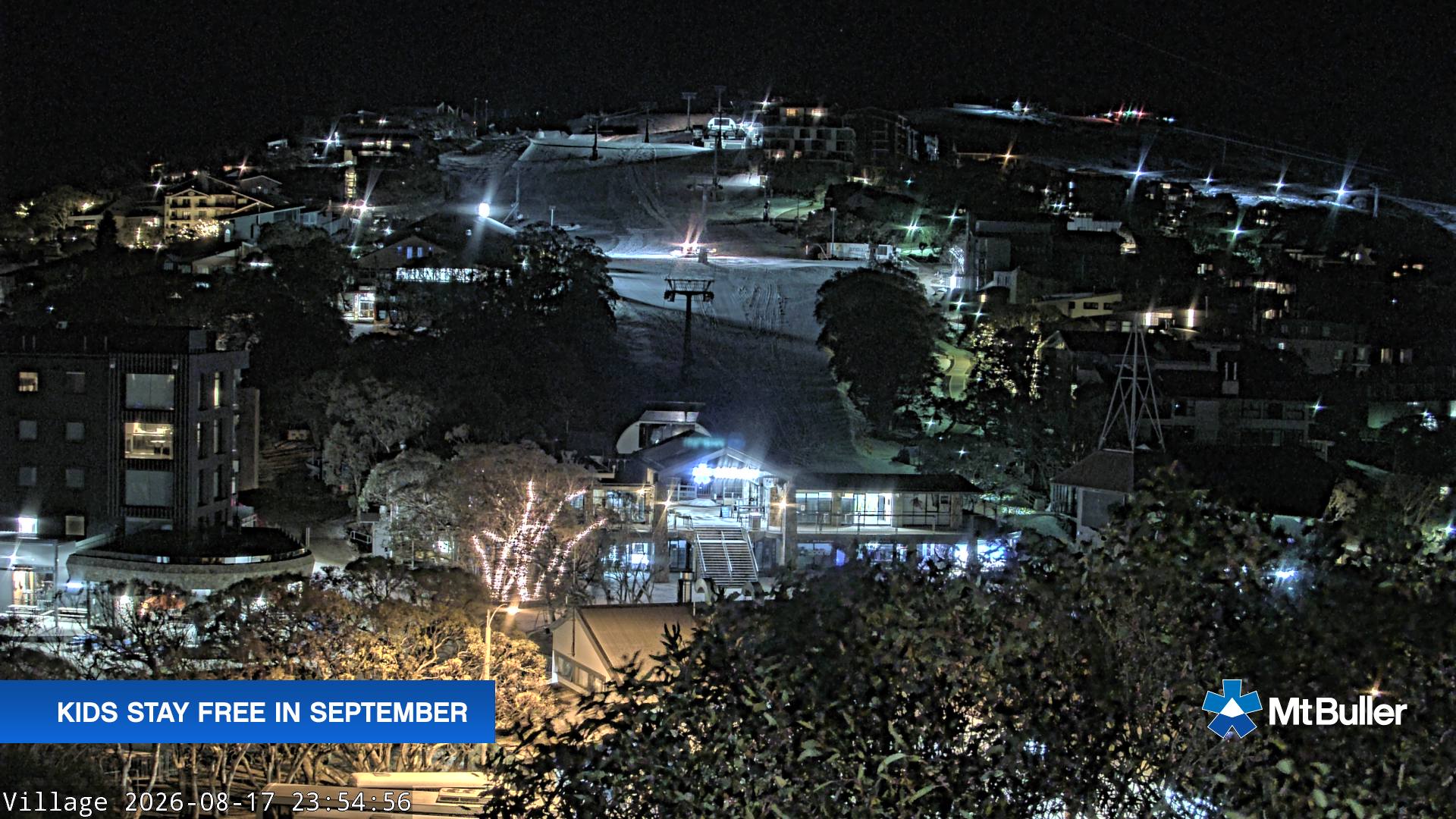 Mt Buller Village snow cam captured at 17 August 2026 at 11:59 pm AEST