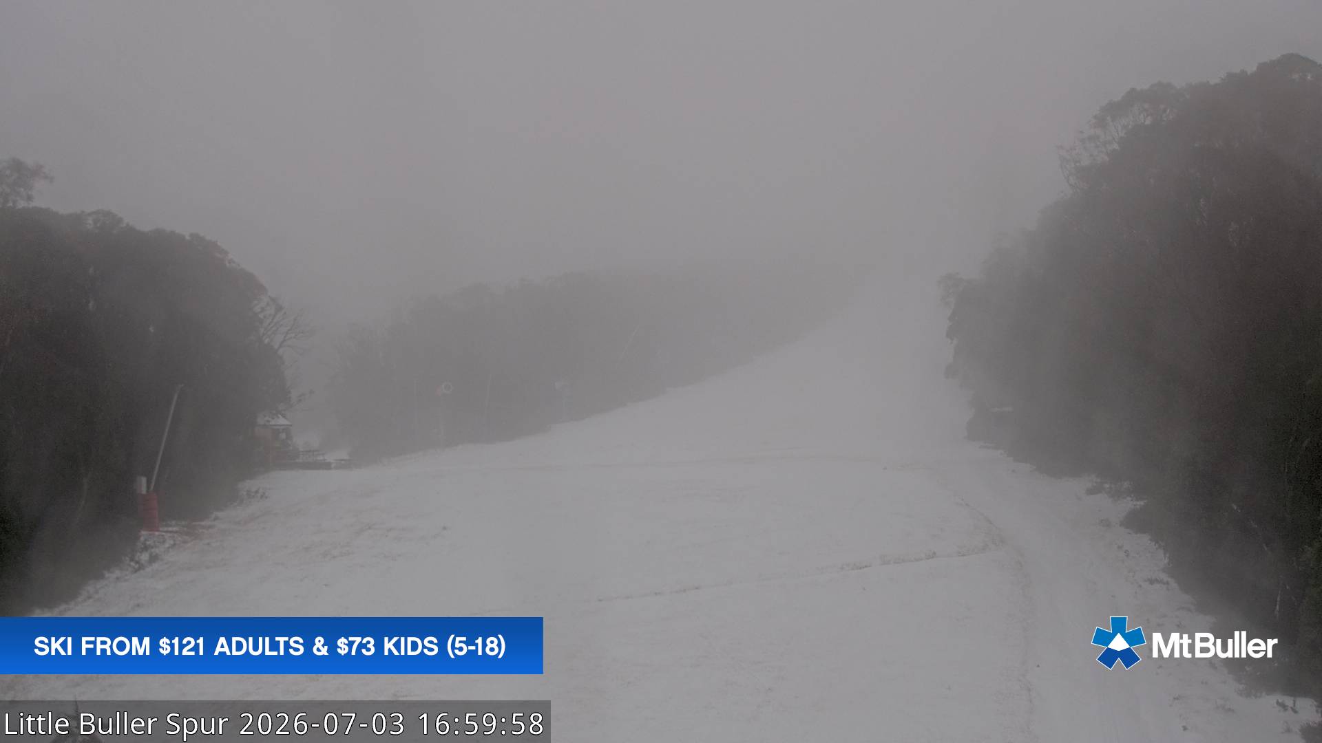 Mt Buller Little Buller Spur snow cam captured at 3 July 2026 at 5:06 pm AEST