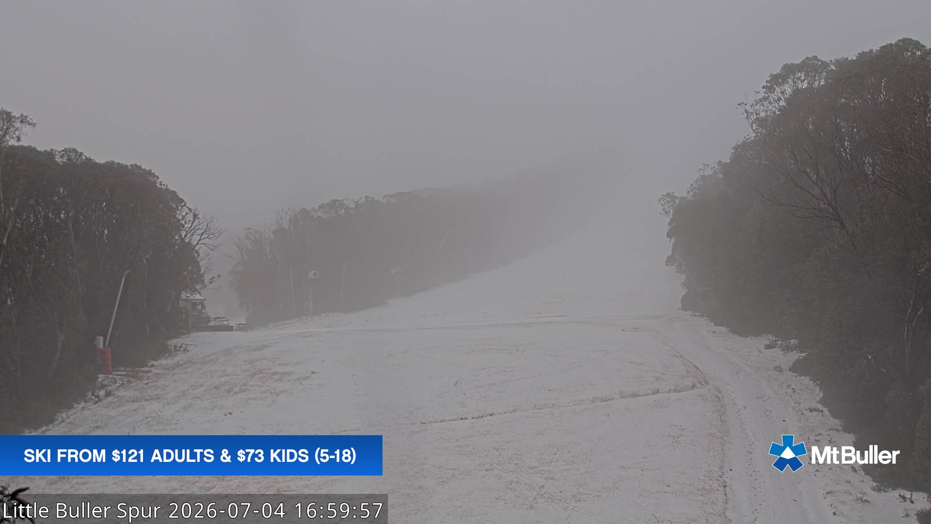 Mt Buller Little Buller Spur snow cam captured at 4 July 2026 at 5:07 pm AEST