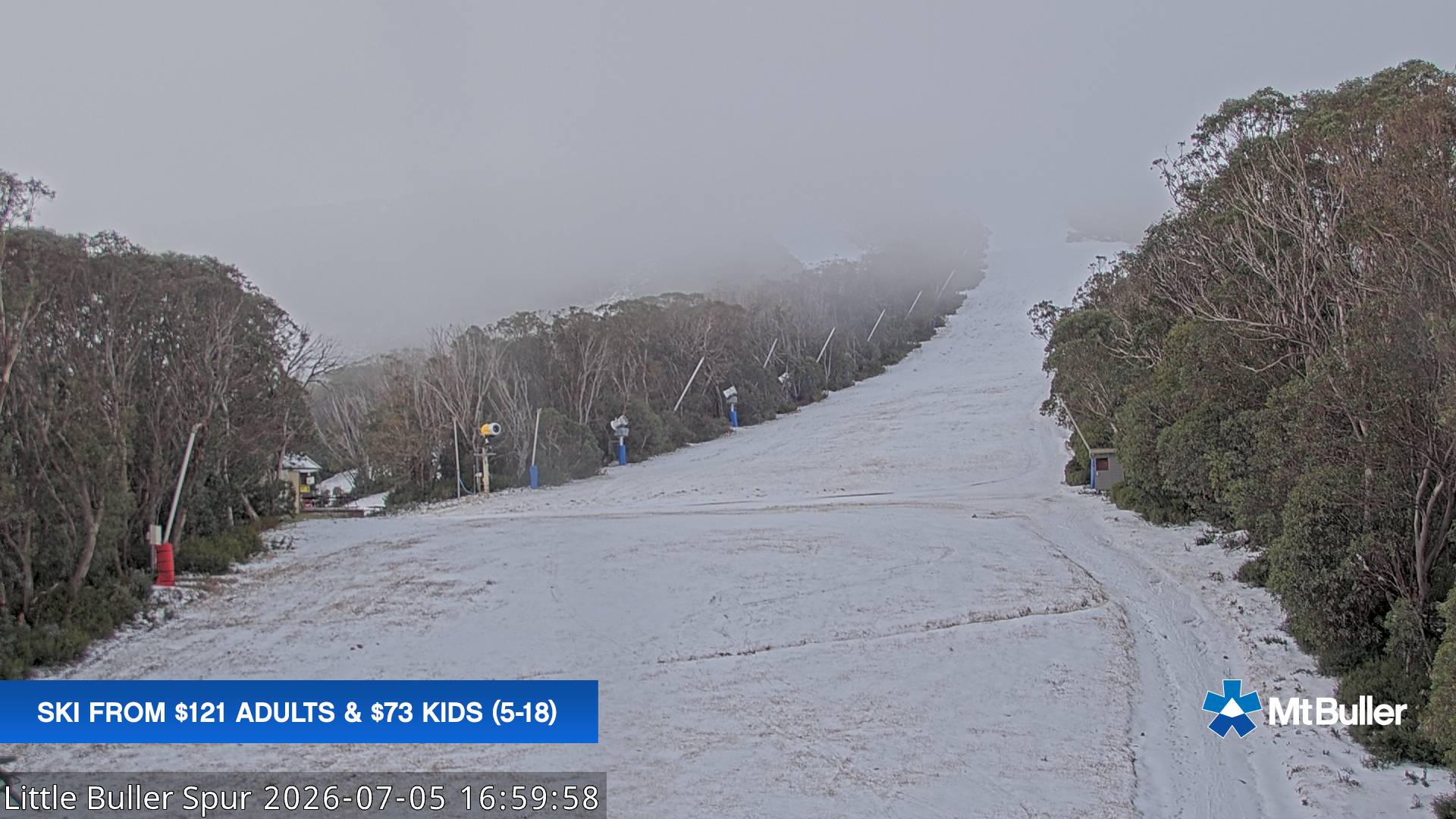 Mt Buller Little Buller Spur snow cam captured at 5 July 2026 at 5:08 pm AEST