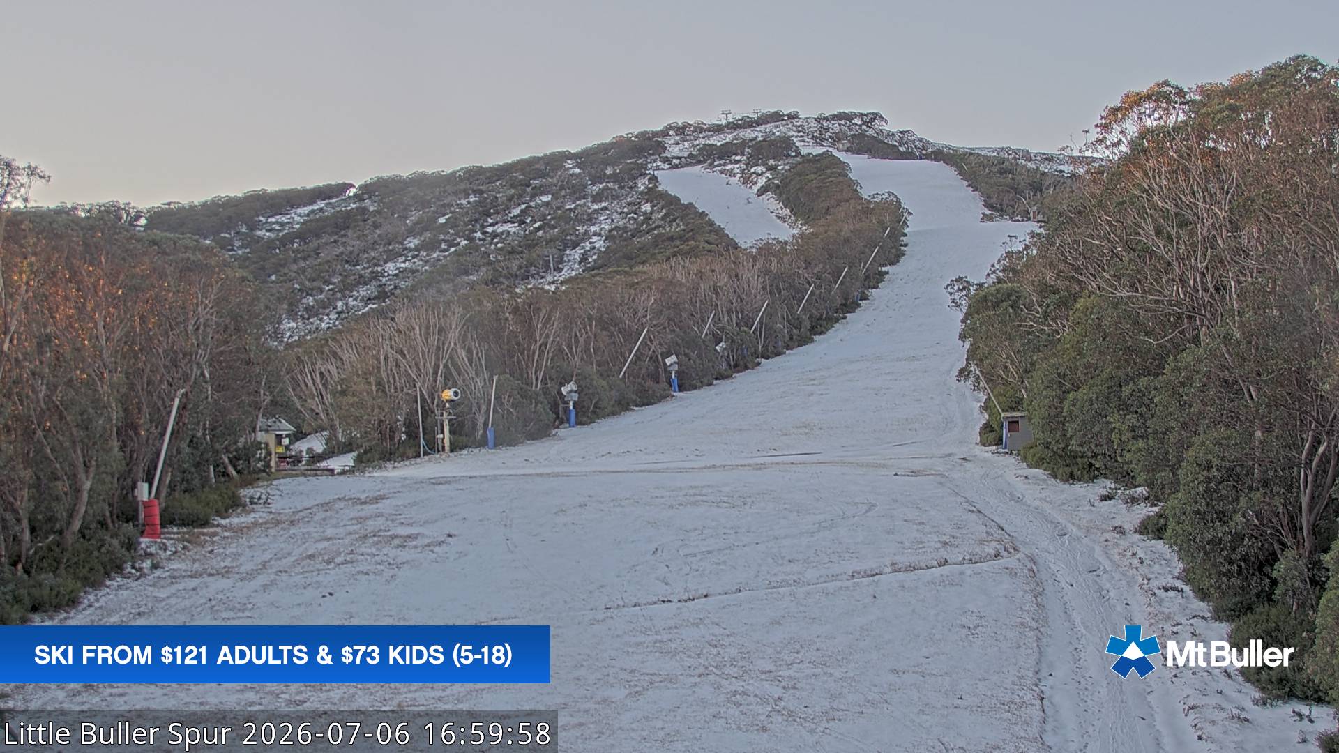 Mt Buller Little Buller Spur snow cam captured at 6 July 2026 at 5:09 pm AEST