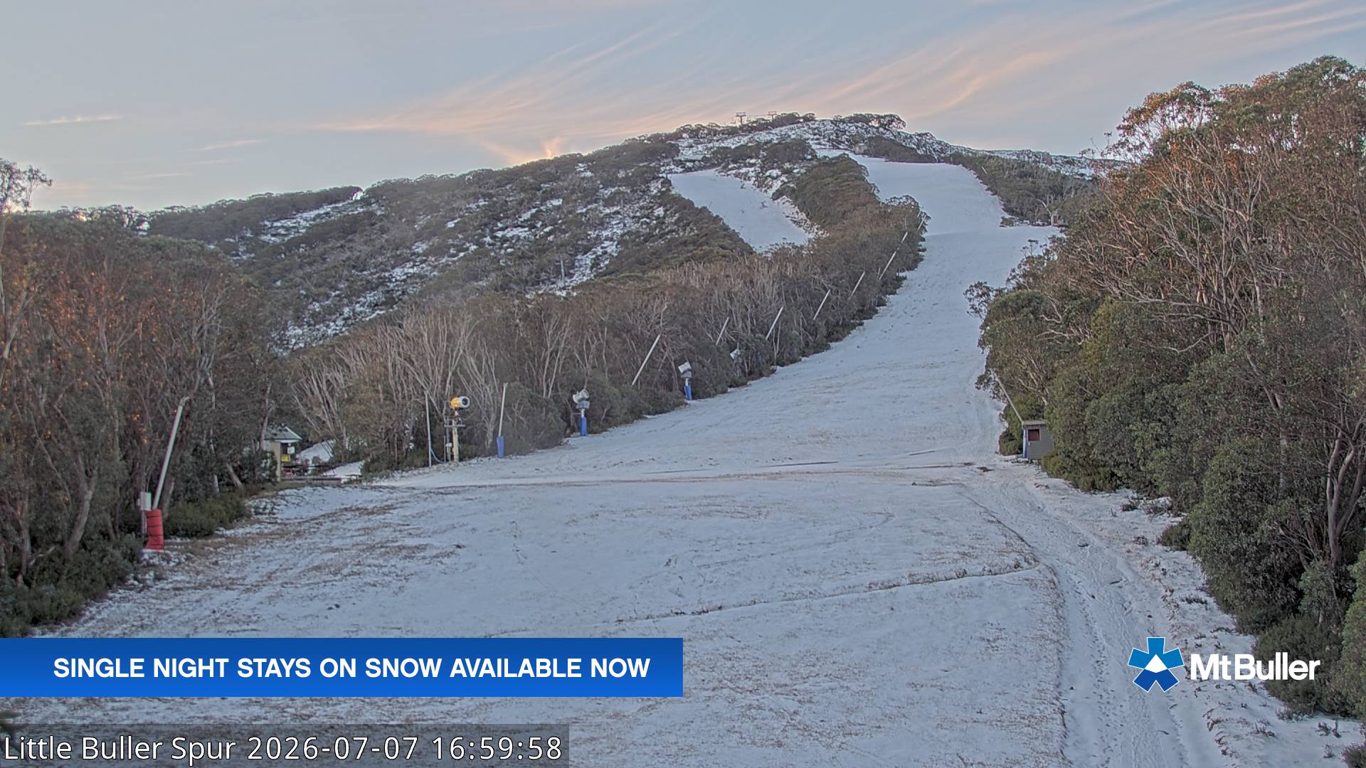 Mt Buller Little Buller Spur snow cam captured at 7 July 2026 at 5:10 pm AEST