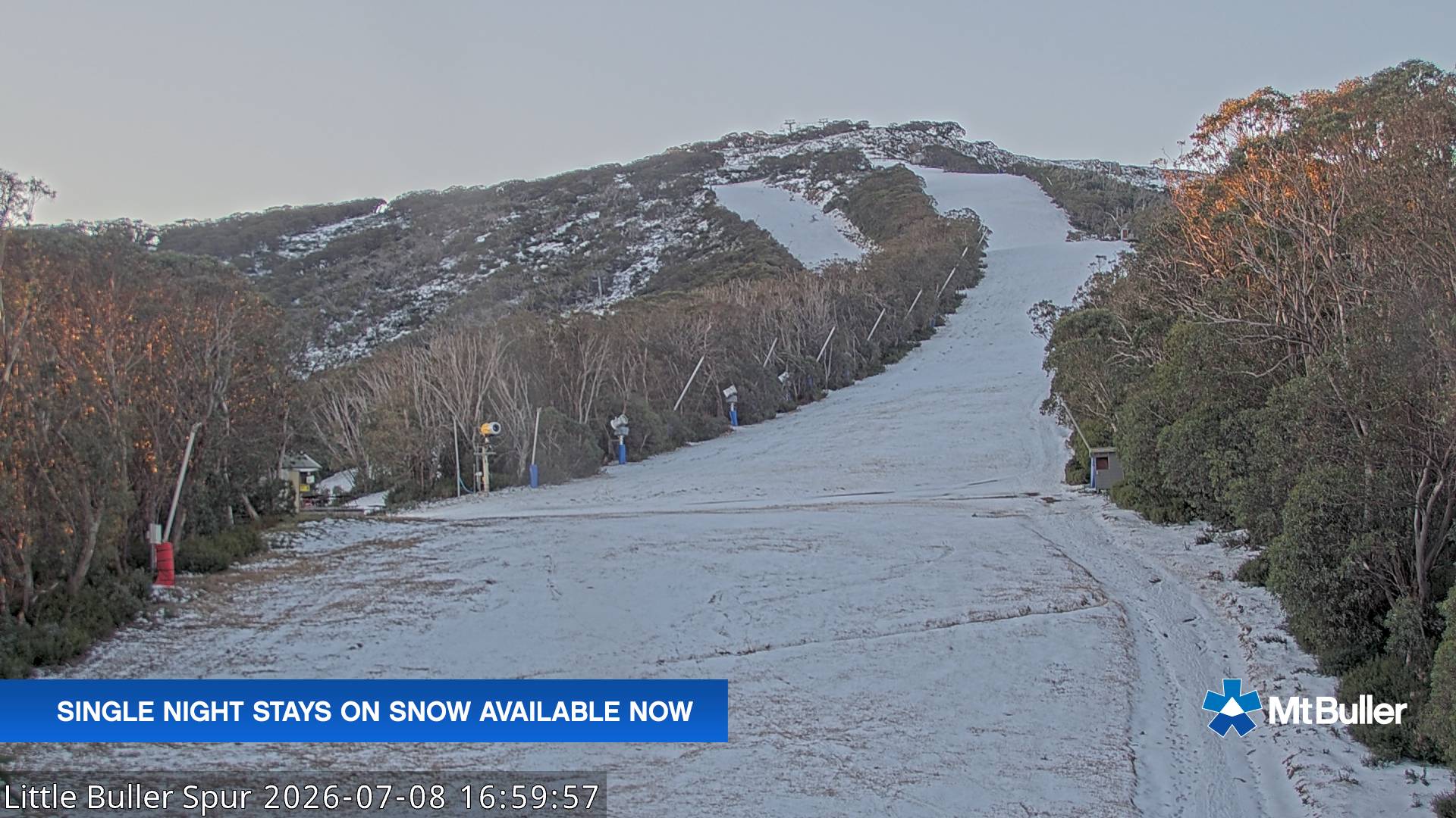 Mt Buller Little Buller Spur snow cam captured at 8 July 2026 at 5:00 pm AEST