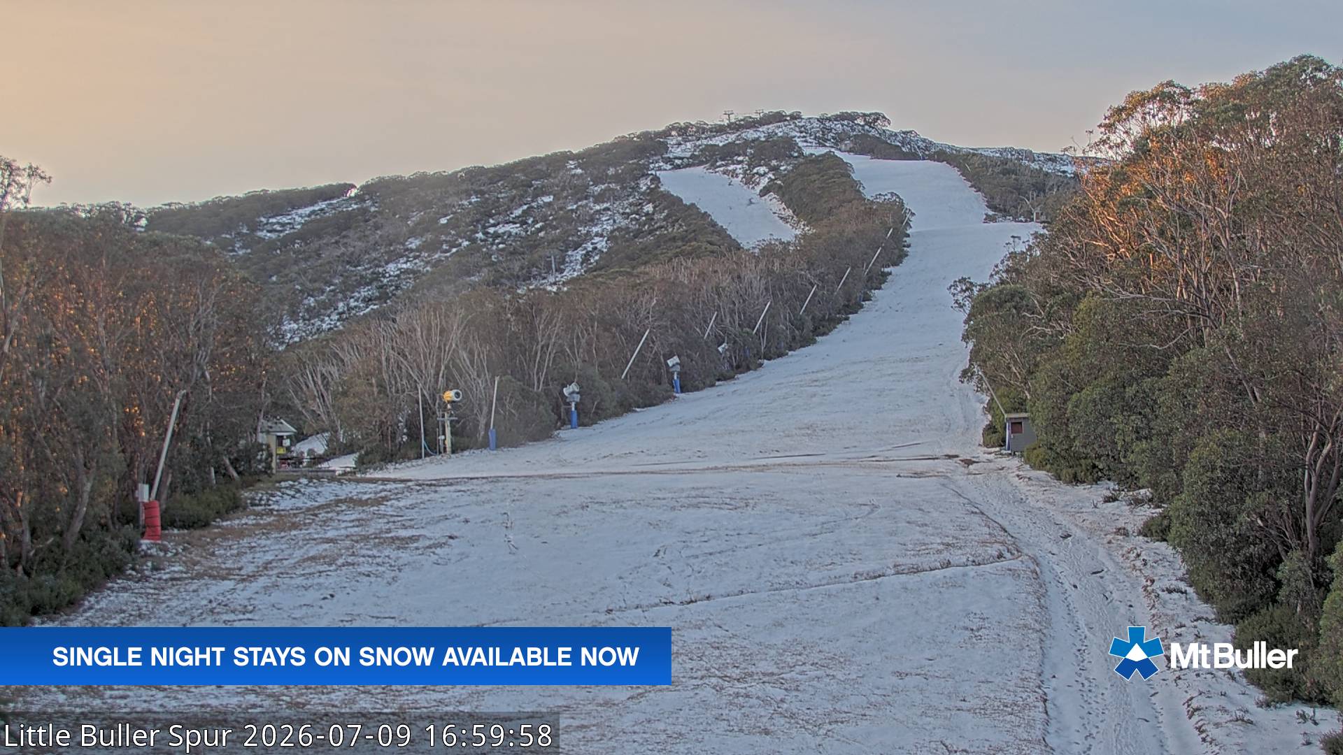 Mt Buller Little Buller Spur snow cam captured at 9 July 2026 at 5:01 pm AEST
