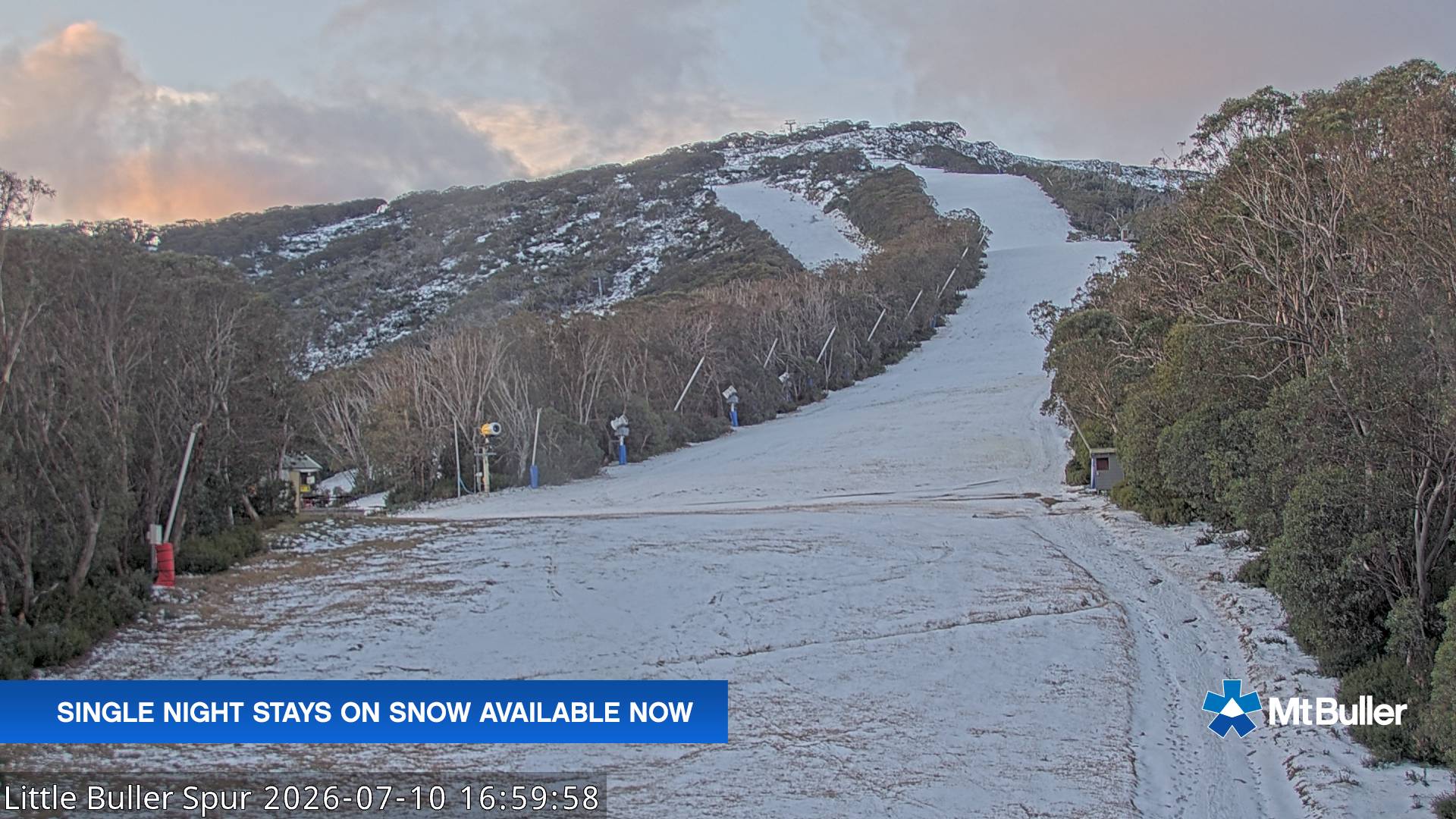 Mt Buller Little Buller Spur snow cam captured at 10 July 2026 at 5:02 pm AEST