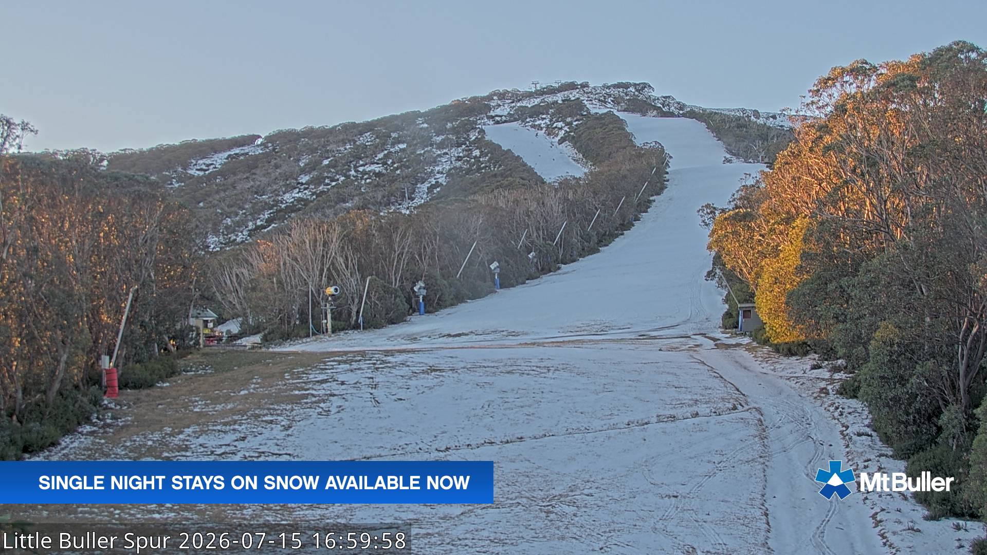 Mt Buller Little Buller Spur snow cam captured at 15 July 2026 at 5:07 pm AEST