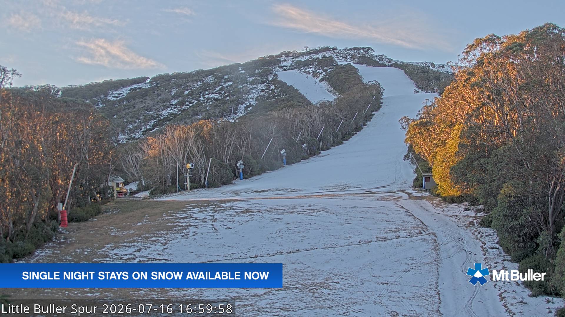 Mt Buller Little Buller Spur snow cam captured at 16 July 2026 at 5:08 pm AEST
