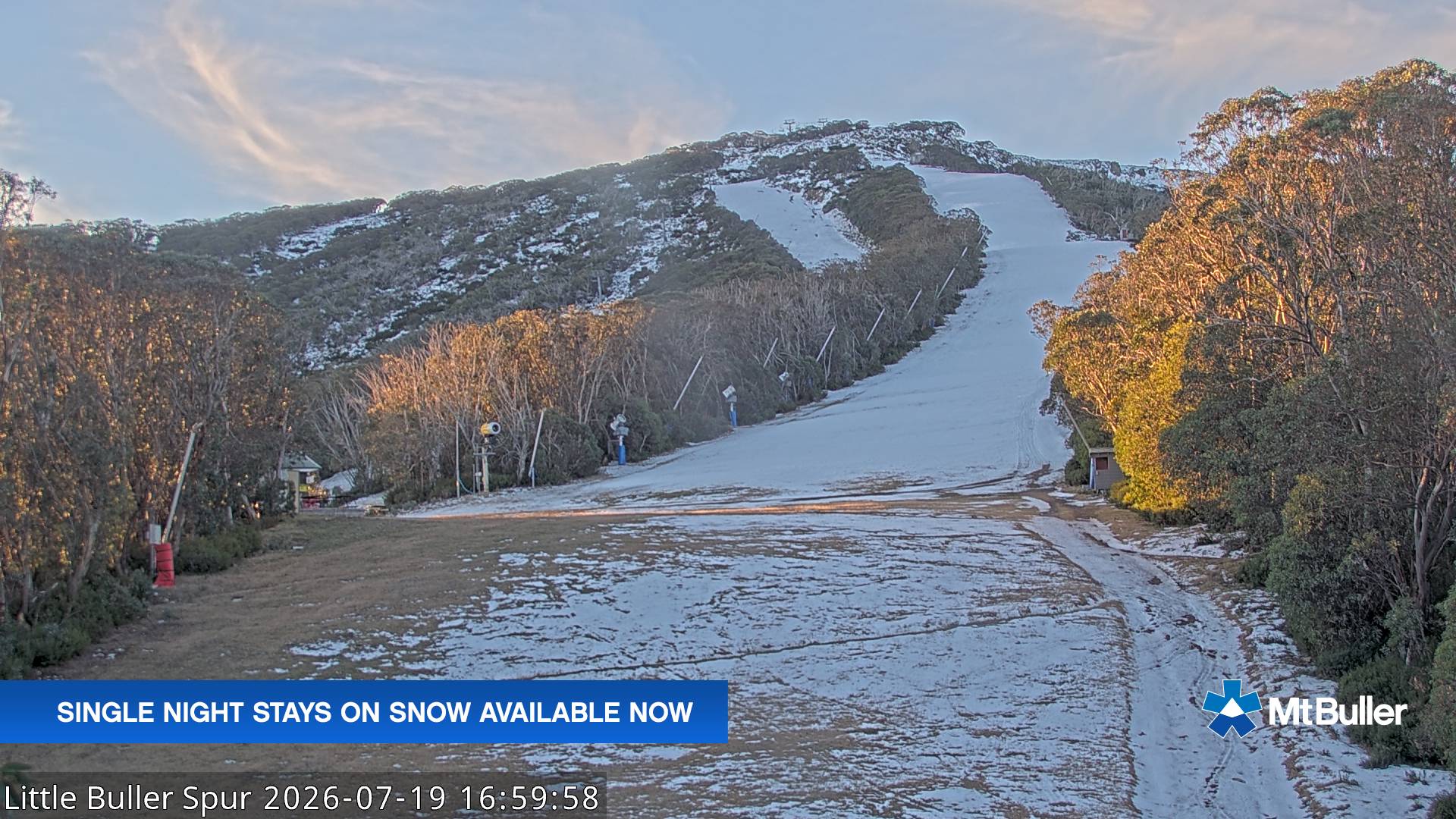 Mt Buller Little Buller Spur snow cam captured at 19 July 2026 at 5:00 pm AEST