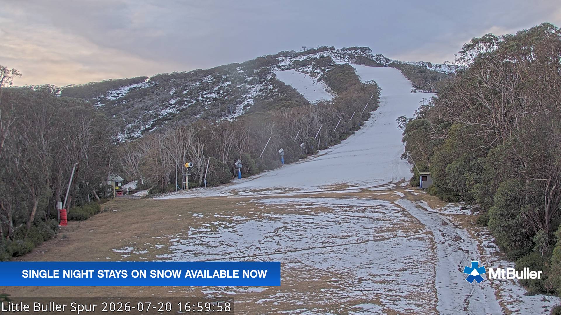 Mt Buller Little Buller Spur snow cam captured at 20 July 2026 at 5:01 pm AEST