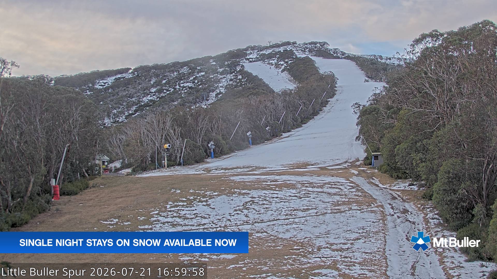 Mt Buller Little Buller Spur snow cam captured at 21 July 2026 at 5:02 pm AEST