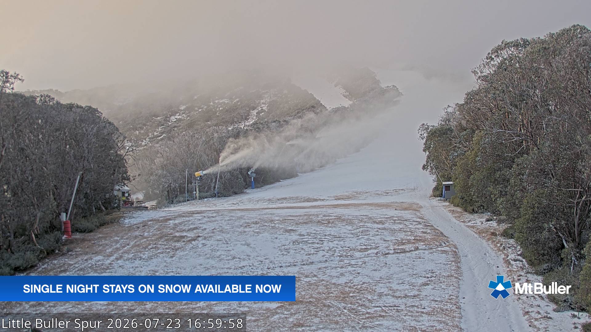 Mt Buller Little Buller Spur snow cam captured at 23 July 2026 at 5:04 pm AEST