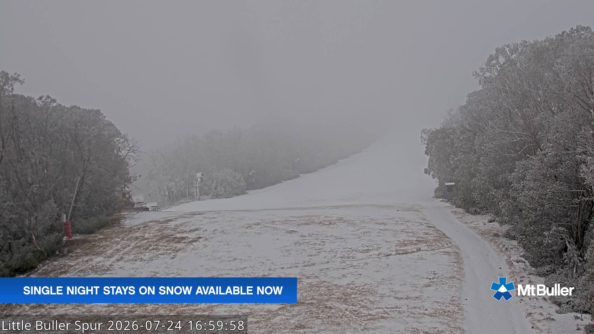 Mt Buller Little Buller Spur snow cam captured at 24 July 2026 at 5:05 pm AEST